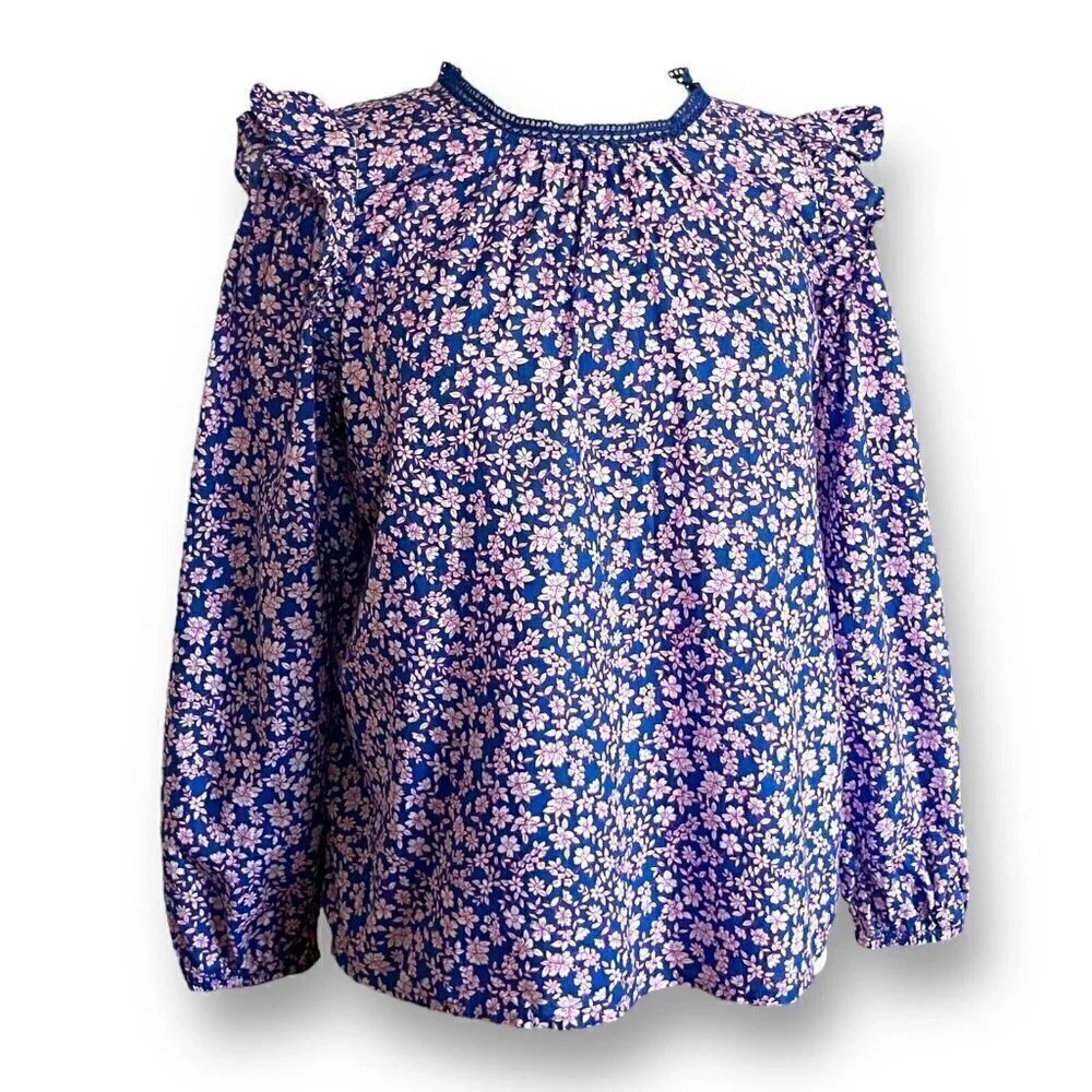 J Crew Womens Ruffle Shoulder Top S Blue Pink Floral Cotton Cottagecore Blouse
